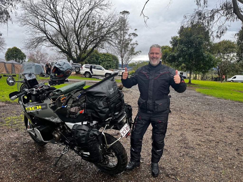 Rider with NOMAD MOTO soft panniers on motorcycle