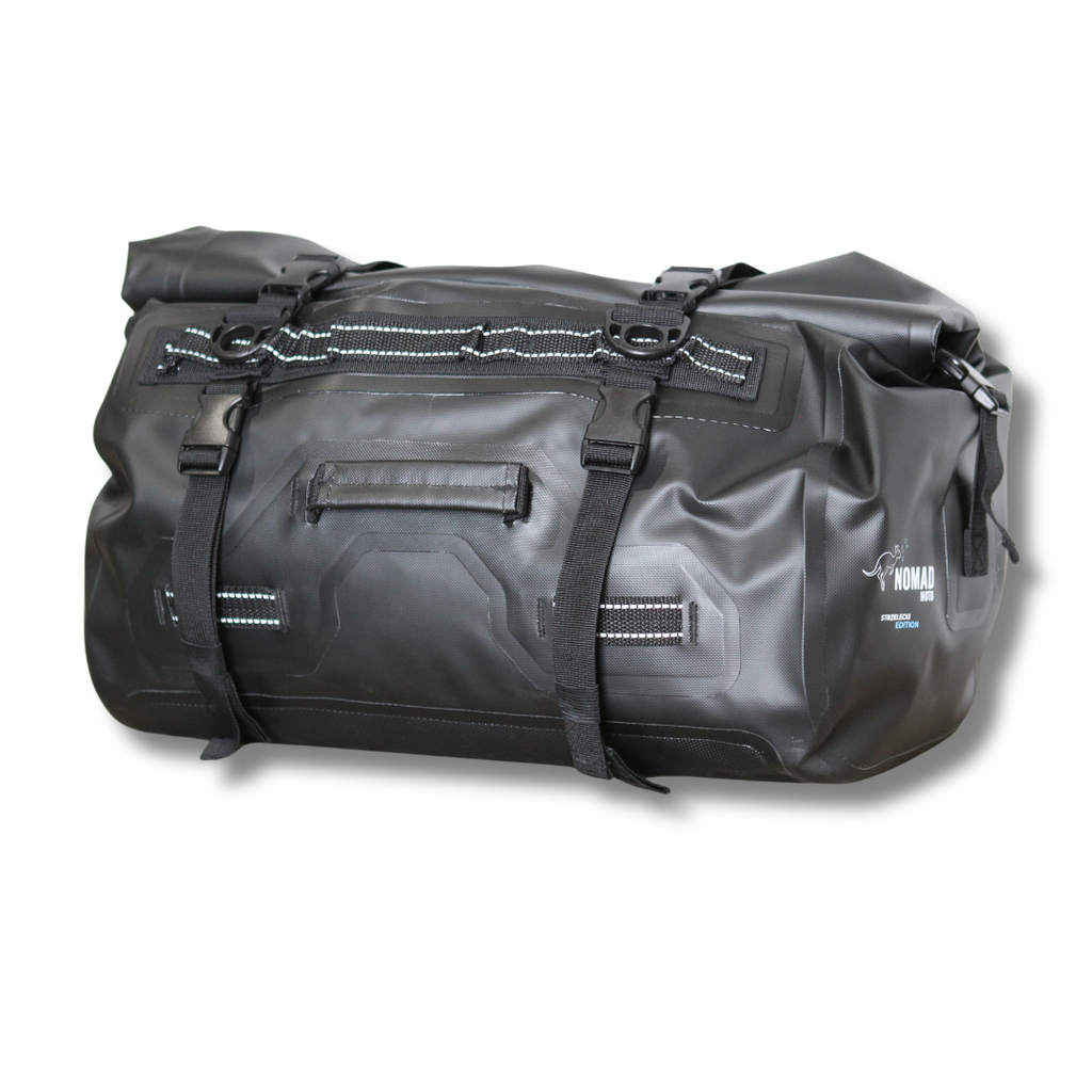 Black waterproof roll-top travel duffel