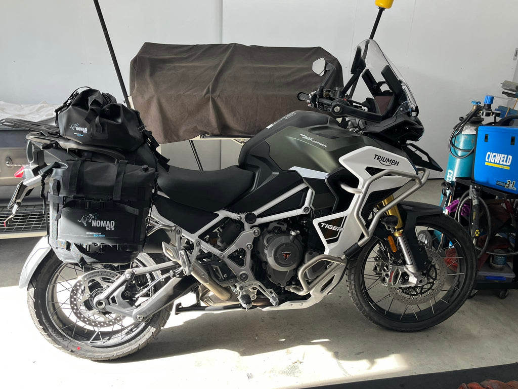 Waterproof soft panniers for rugged adventure motorcycle